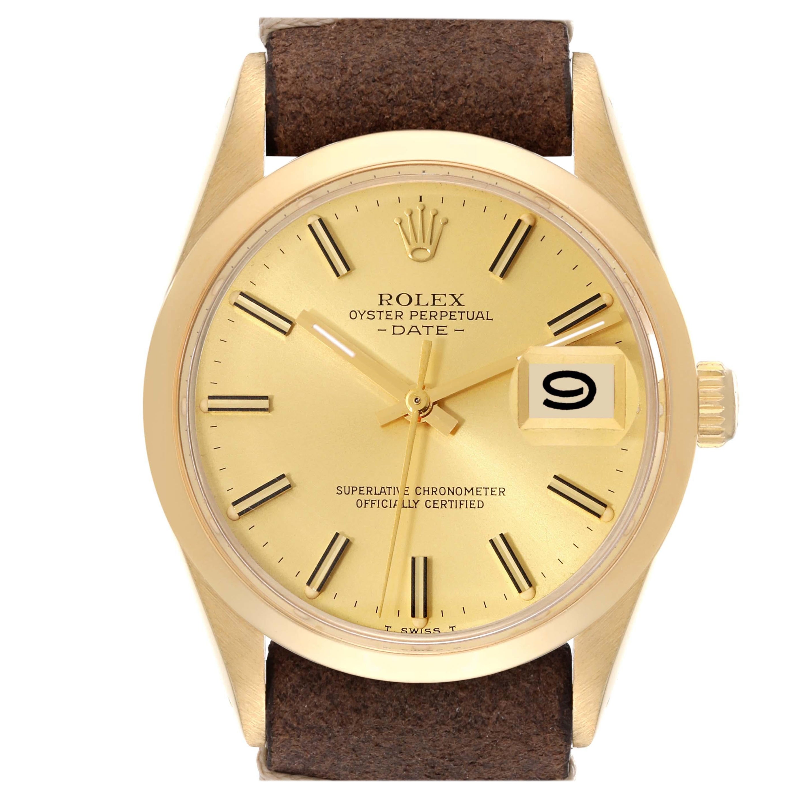 Rolex Date Yellow Gold Champagne Dial Leather Strap Vintage Mens Watch 15007 en vente
