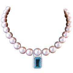 Necklace Aquamarine Pink Pearls white gold Necklace 