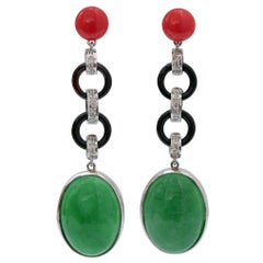 Jade, Coral, Onyx, Diamonds, Platinum Dangle Earrings.