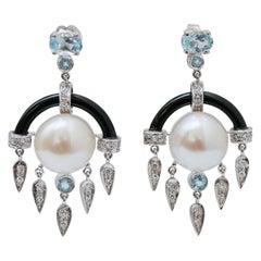 Pearls, Onyx, Topazs, Diamonds, Platinum Dangle Earrings.