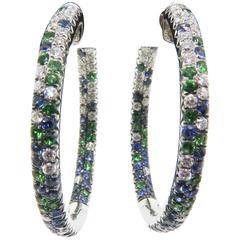18K Green, Blue Sapphires with White Diamond Hoops