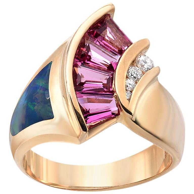 Estate Inlaid Opal Pink Tourmaline Diamond Gold Ring