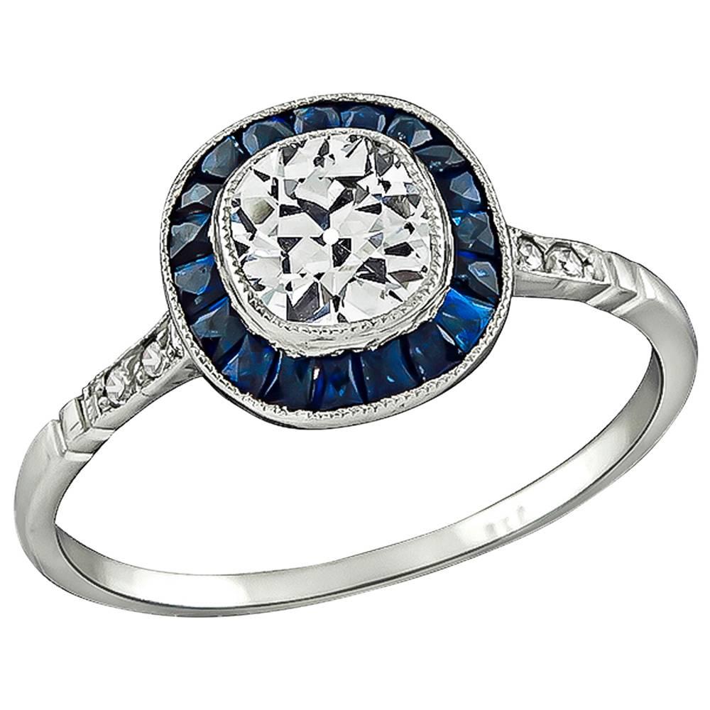 Charming 0.67ct Cushion Cut Diamond Sapphire Engagement Ring