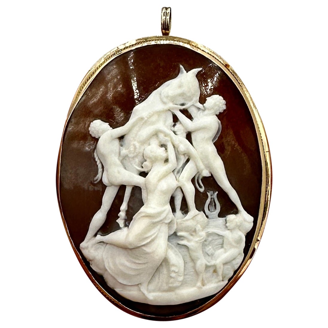 Taurus Bull Europa Goddess Zeus Dog Cameo Pendant Brooch Necklace Gold Antique For Sale