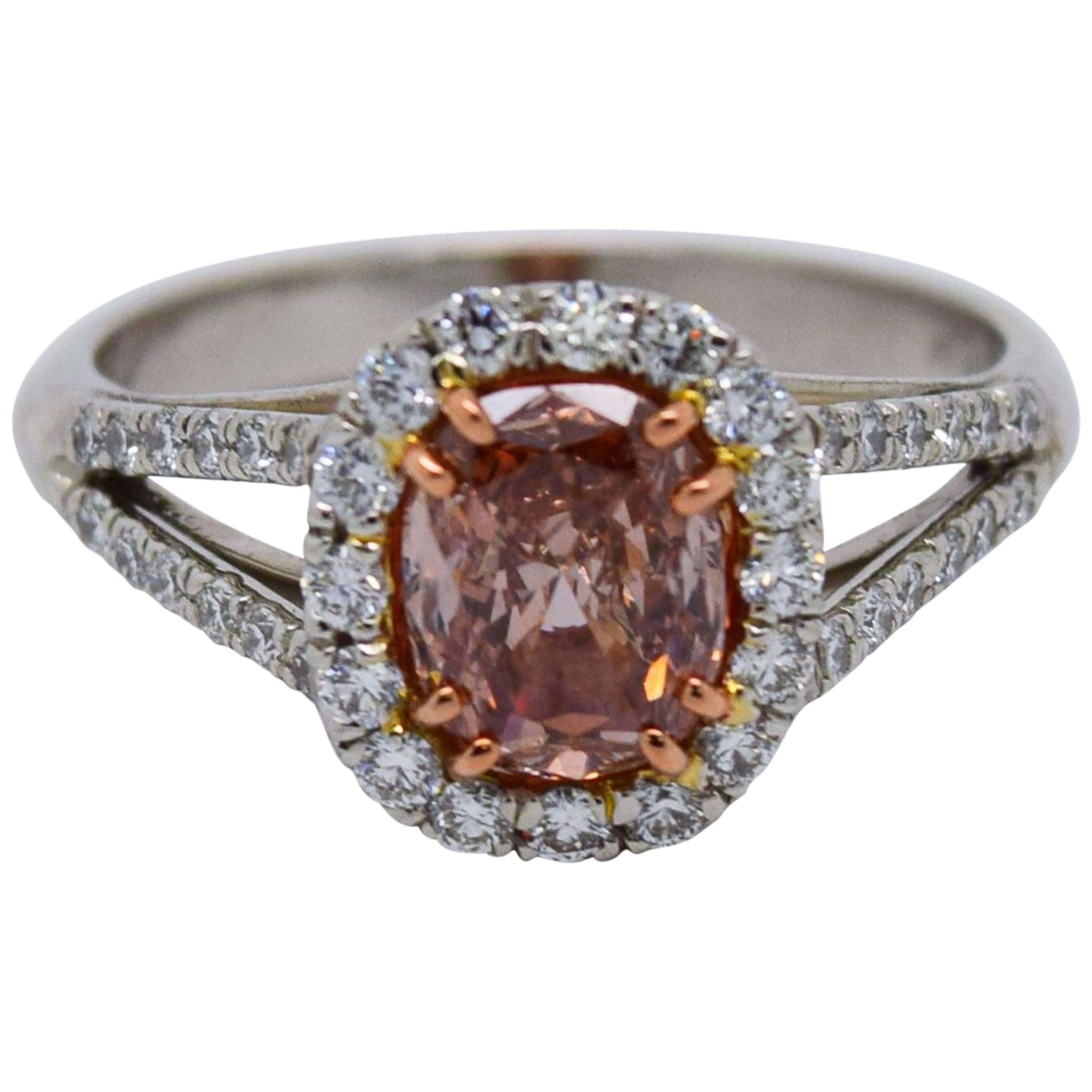 GIA 1.01 carat Fancy Pink Cushion Cut Diamond Ring  For Sale