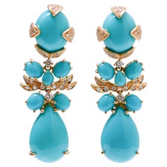 Turquoise, Diamonds, 18 Karat Yellow Gold Earrings.