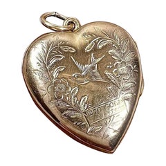 Antique 9ct Rose Gold Back & Front Victorian Heart Locket with Floral, Swallow Engraving