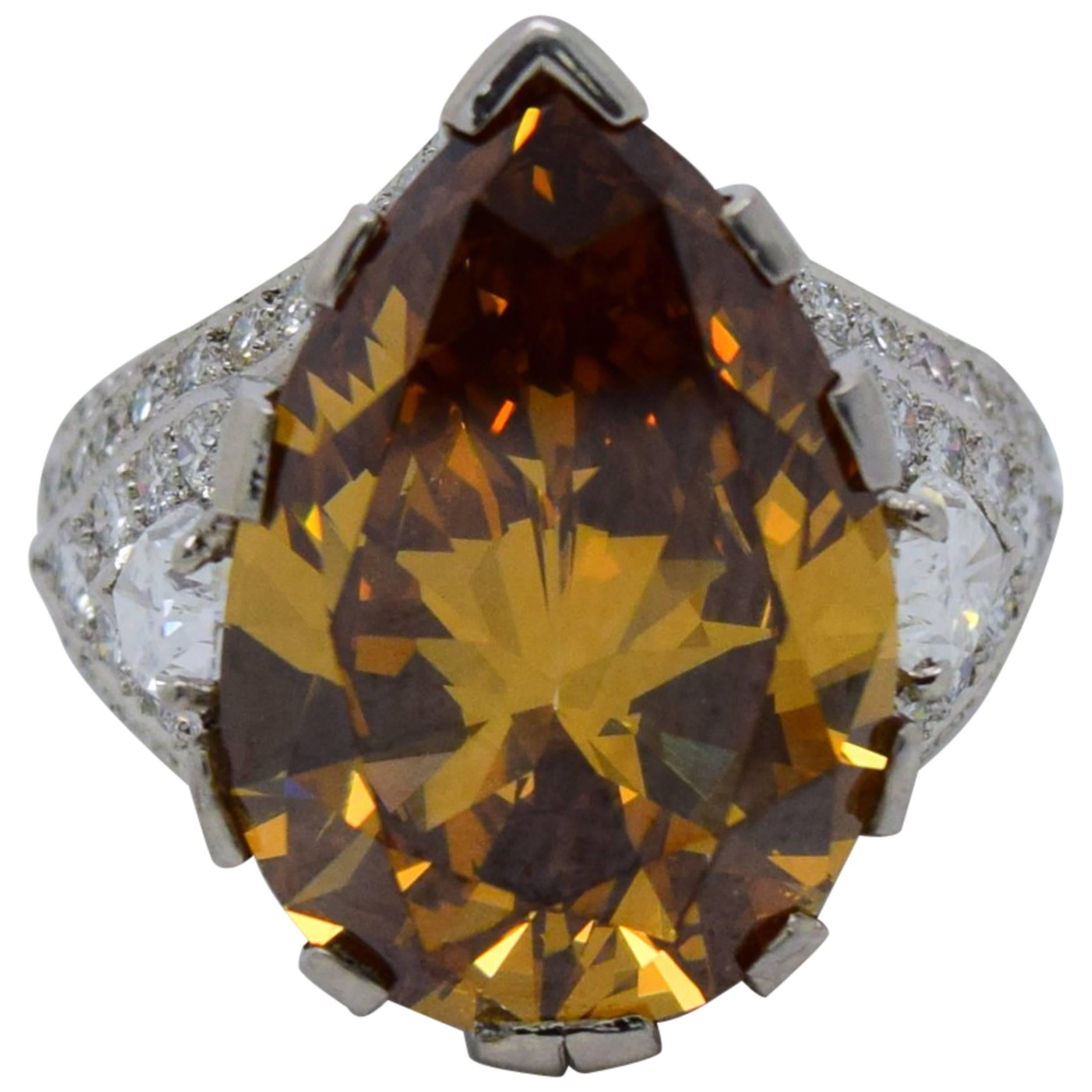 Extraordinary GIA 10.75 carat Fancy Brown Pear Shape Diamond Cocktail Ring For Sale