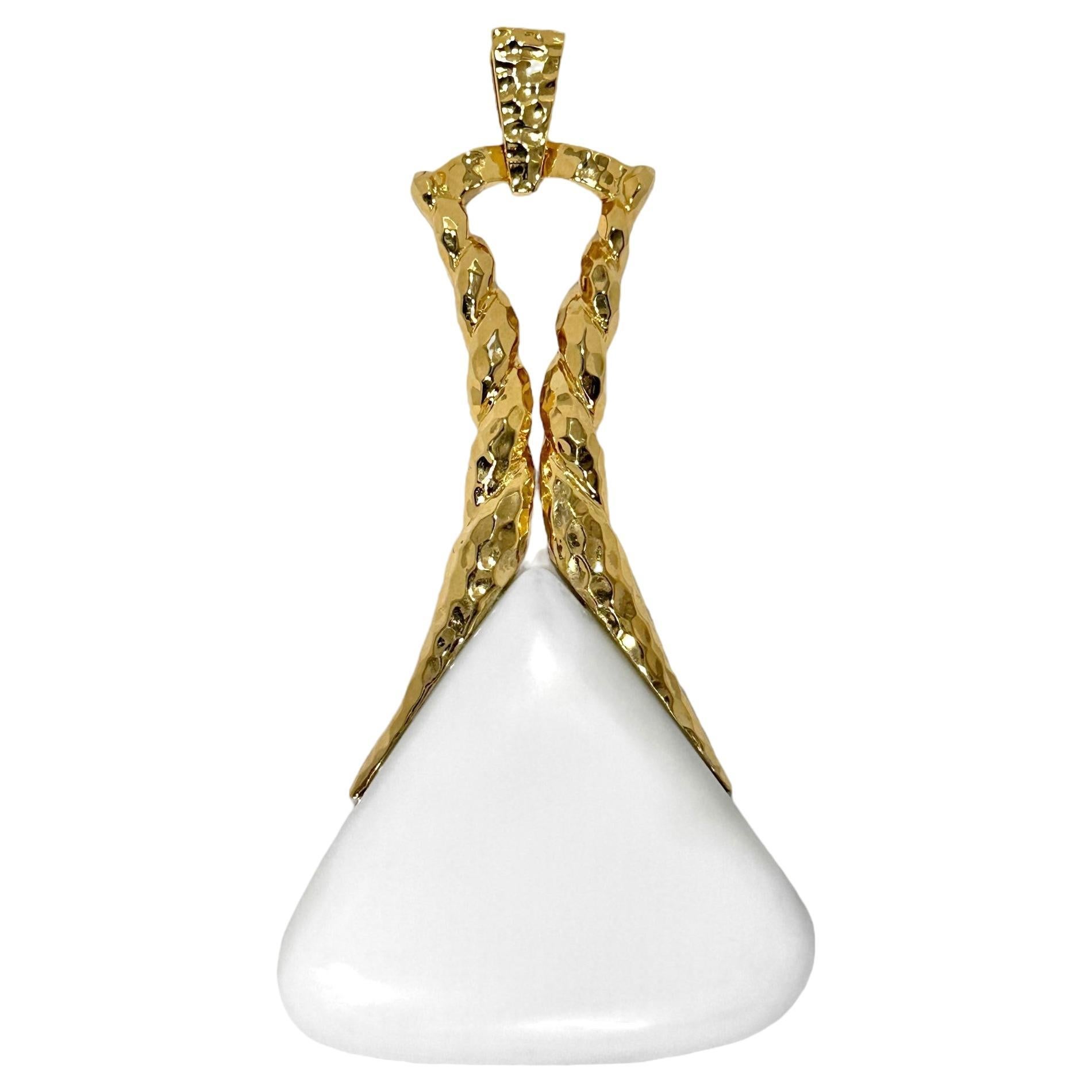 Large, French, Hammered Gold and White Onyx Pendant 4 3/8 Inches Long by Wander For Sale