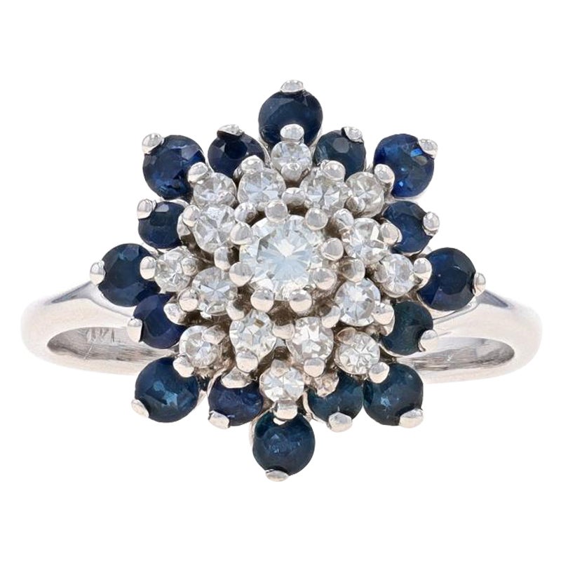 White Gold Diamond & Sapphire Cluster Halo Cocktail Ring - 14k Floral Snowflake For Sale