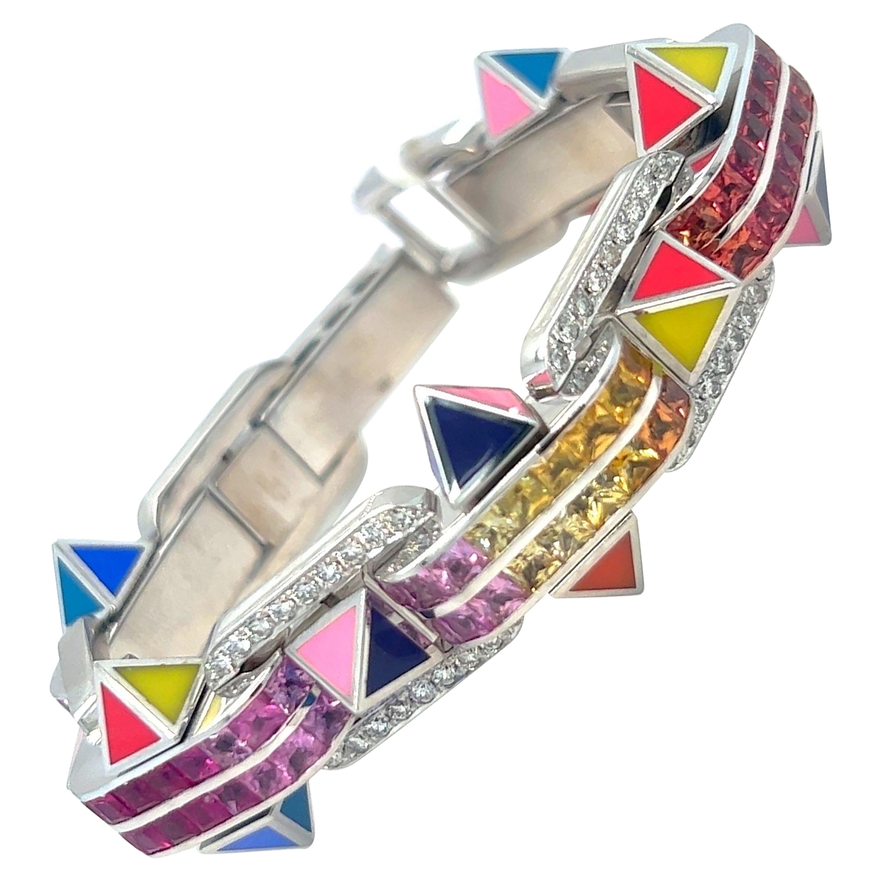 18KT WG 2.84Ct Diamond 16.15CMulti-Colored Sapphires and Enamel Bracelet For Sale