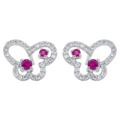 18K Solid Gold Natural Ruby and Diamond Stud Earrings