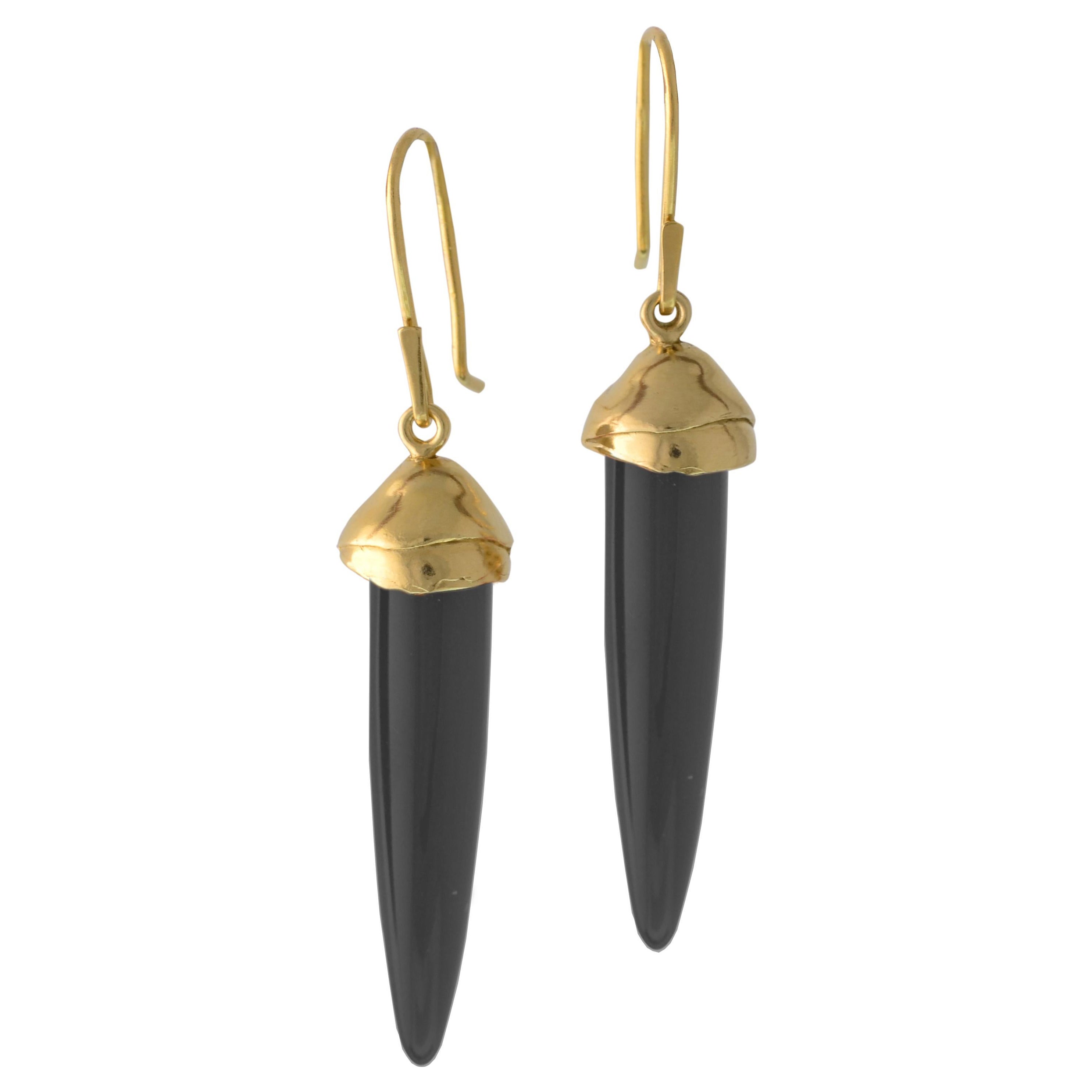 Susan Crow Studio Bullet Cut Black Jet and Gold Drop Earrings For Sale