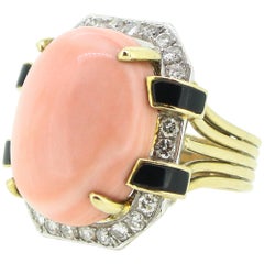 Modernist  Gold Coral Black Onyx  Diamond Ring