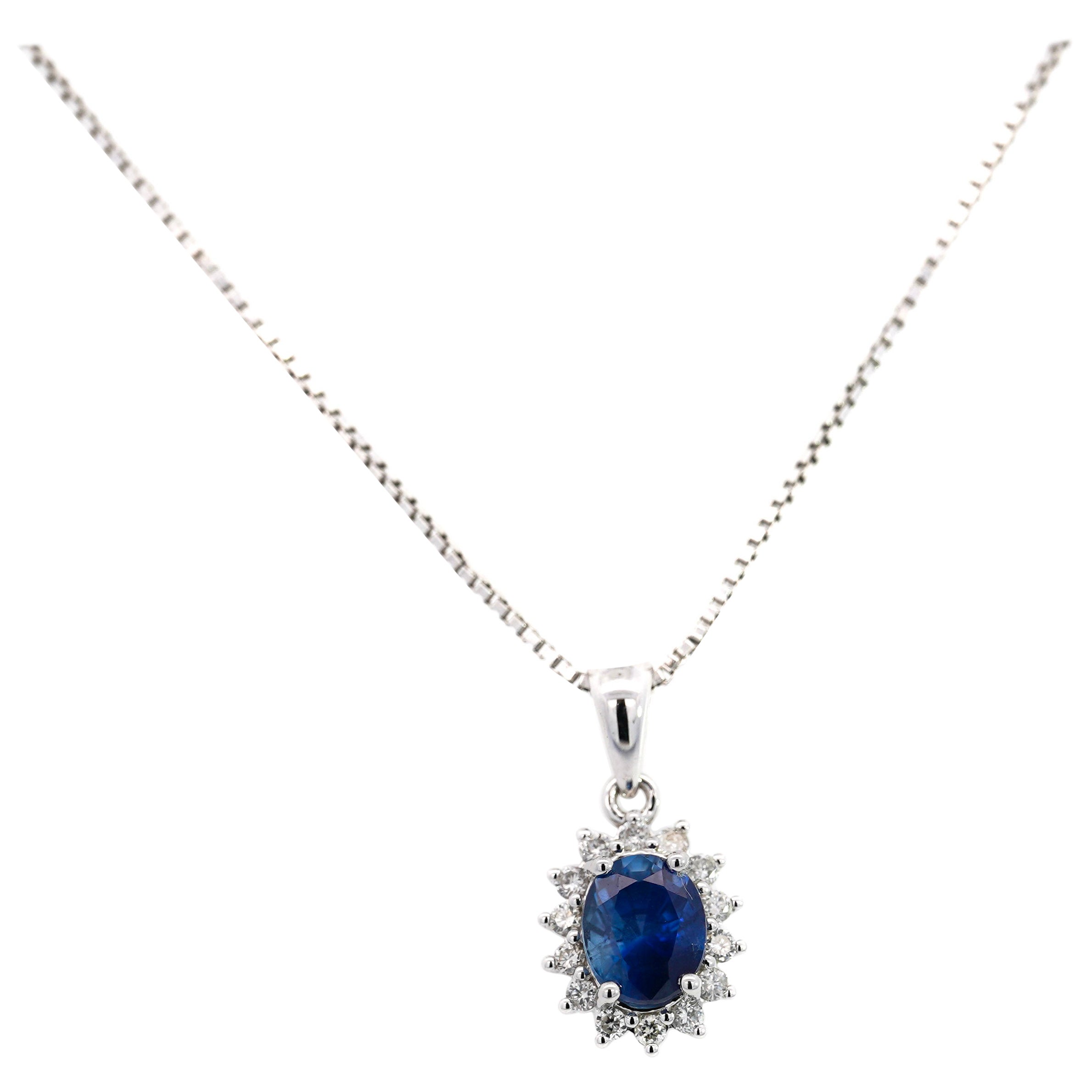 Classic 1.20 Carat Oval-Cut Blue Sapphire & Diamond Halo 18KW Pendant Necklace  For Sale