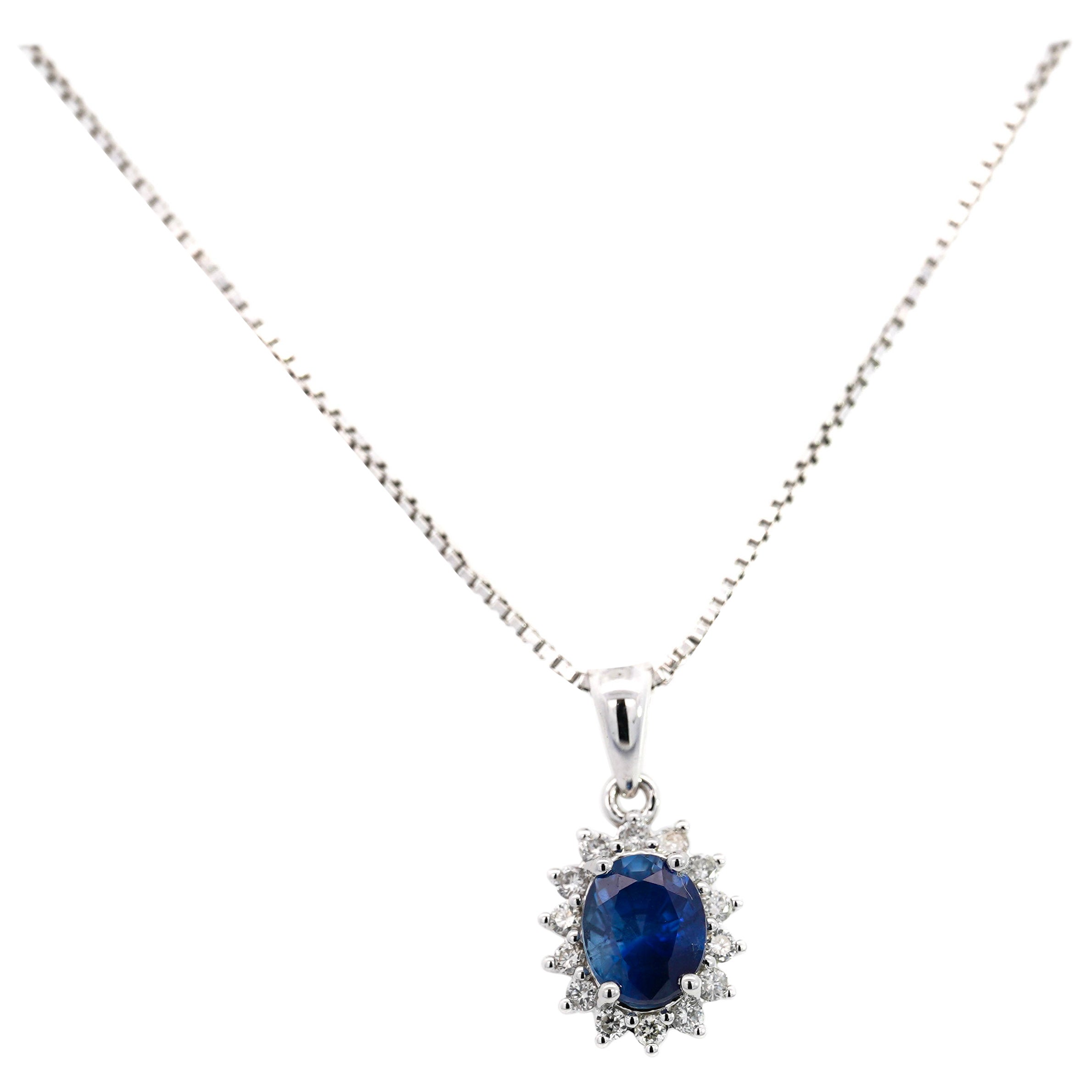 Classic 1.20 Carat Oval-Cut Blue Sapphire & Diamond Halo 18KW Pendant Necklace