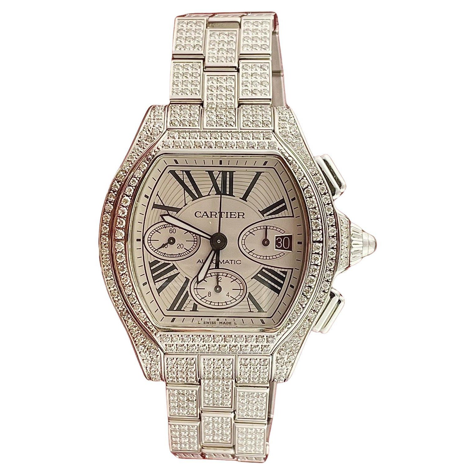 Cartier Roadster 44mm Men's Steel Watch White Dial Custom 12ct Diamonds Ref 3405 For Sale