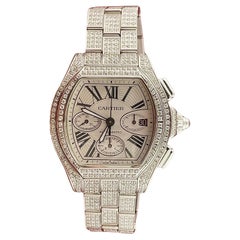 Cartier Roadster 44mm Men's Steel Watch White Dial Custom 12ct Diamonds Ref 3405