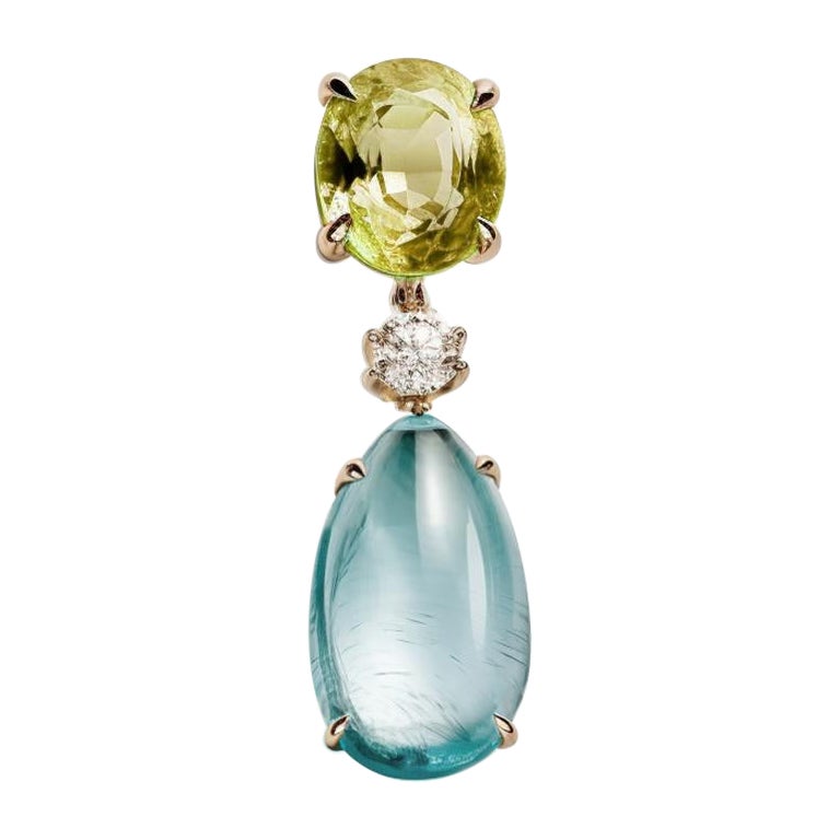 Eighteen Karat Yellow Gold Drop Pendant Necklace with Beryl and Diamond For Sale