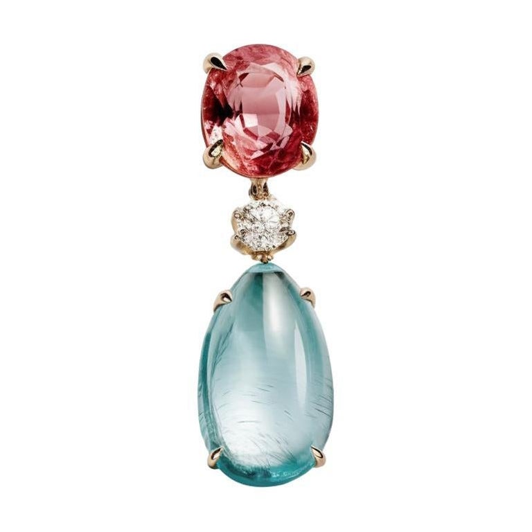 Broche Contemporáneo de Gota de Oro Amarillo de Dieciocho Quilates con Berilo y Zafiros