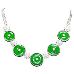 Vintage 18K White Gold Circular-Cut Green Jade and Diamond Disk Necklace 