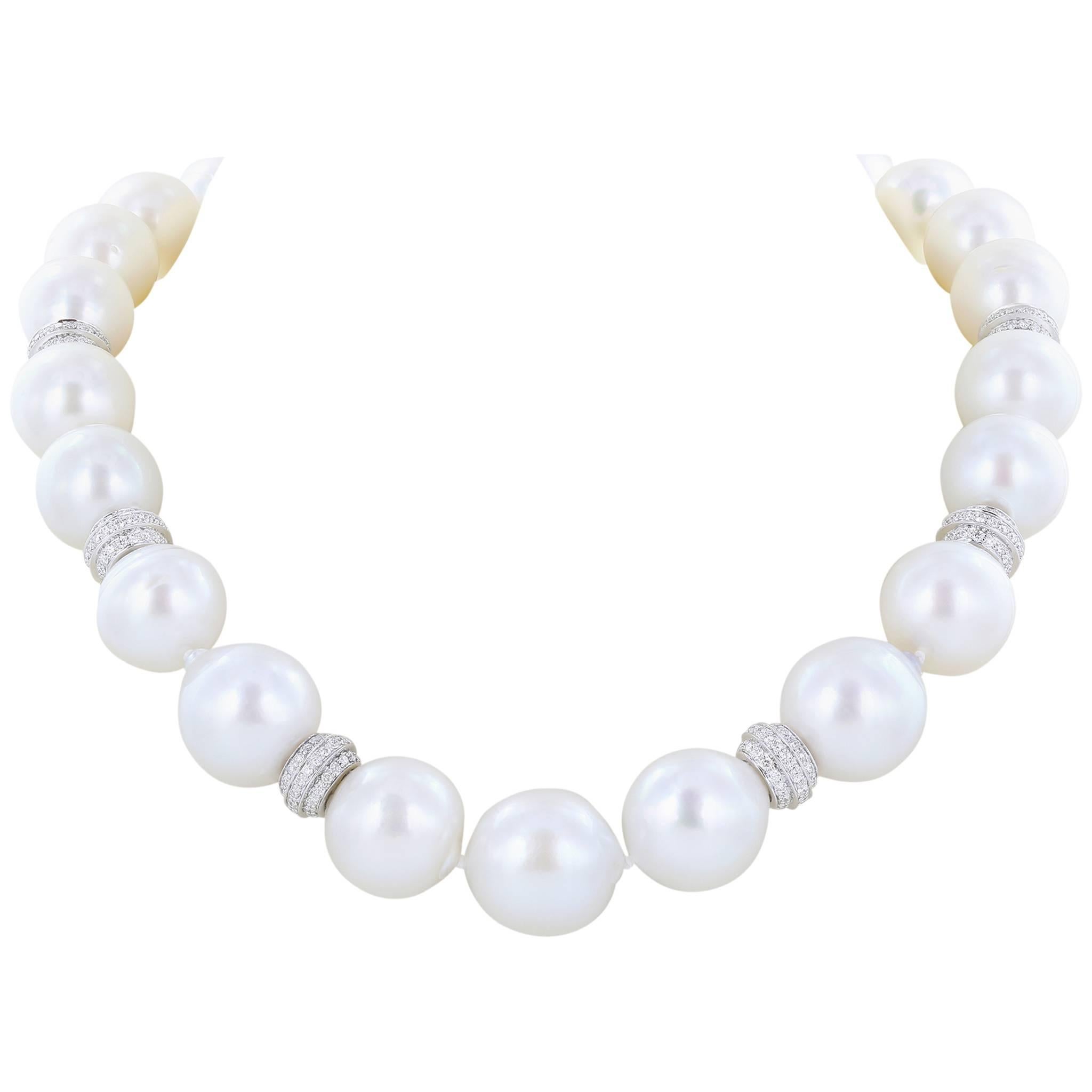 Pearl Necklace with Diamond Rondelles and Clasp For Sale