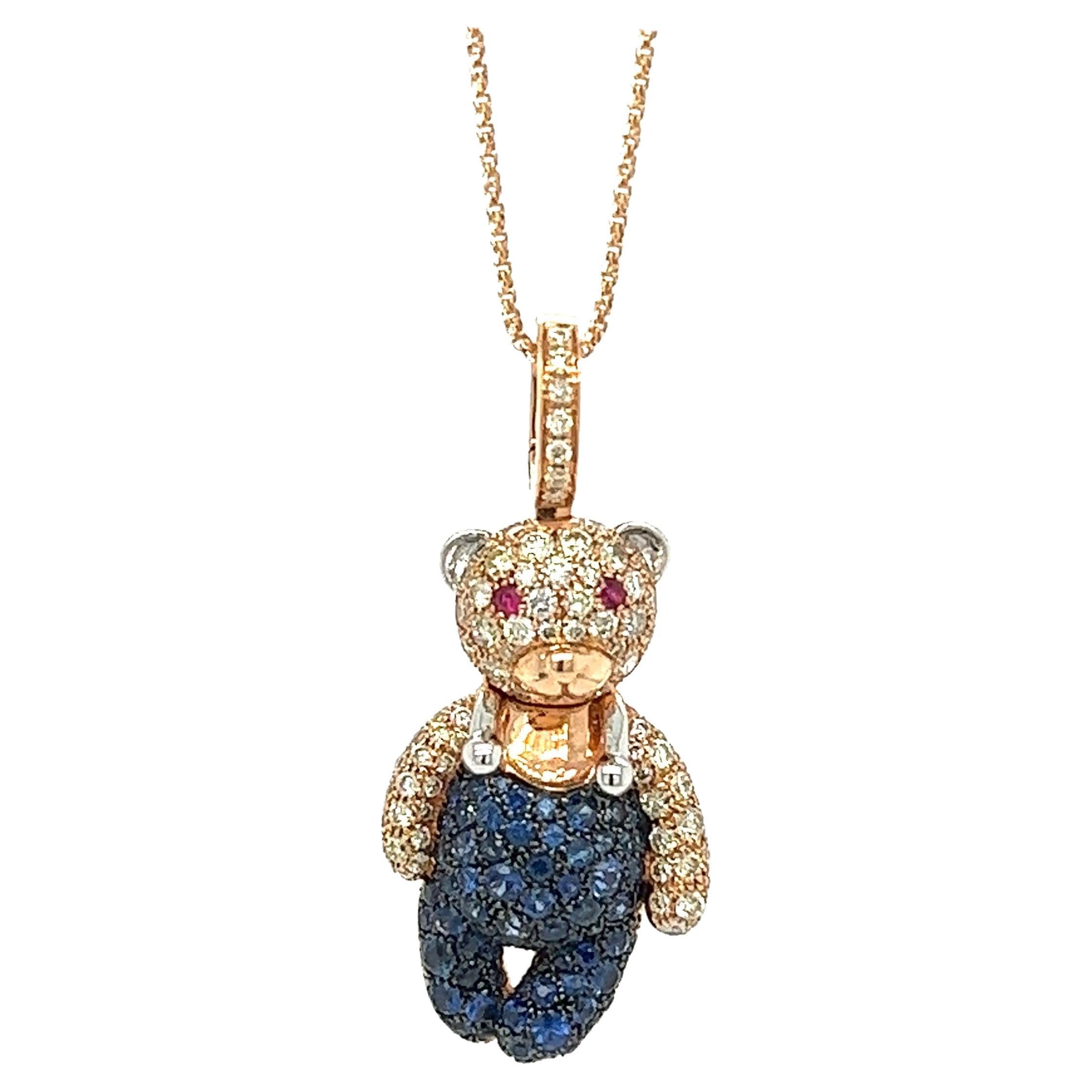 Collier ours en or 18 carats avec diamants fantaisie et saphirs bleus