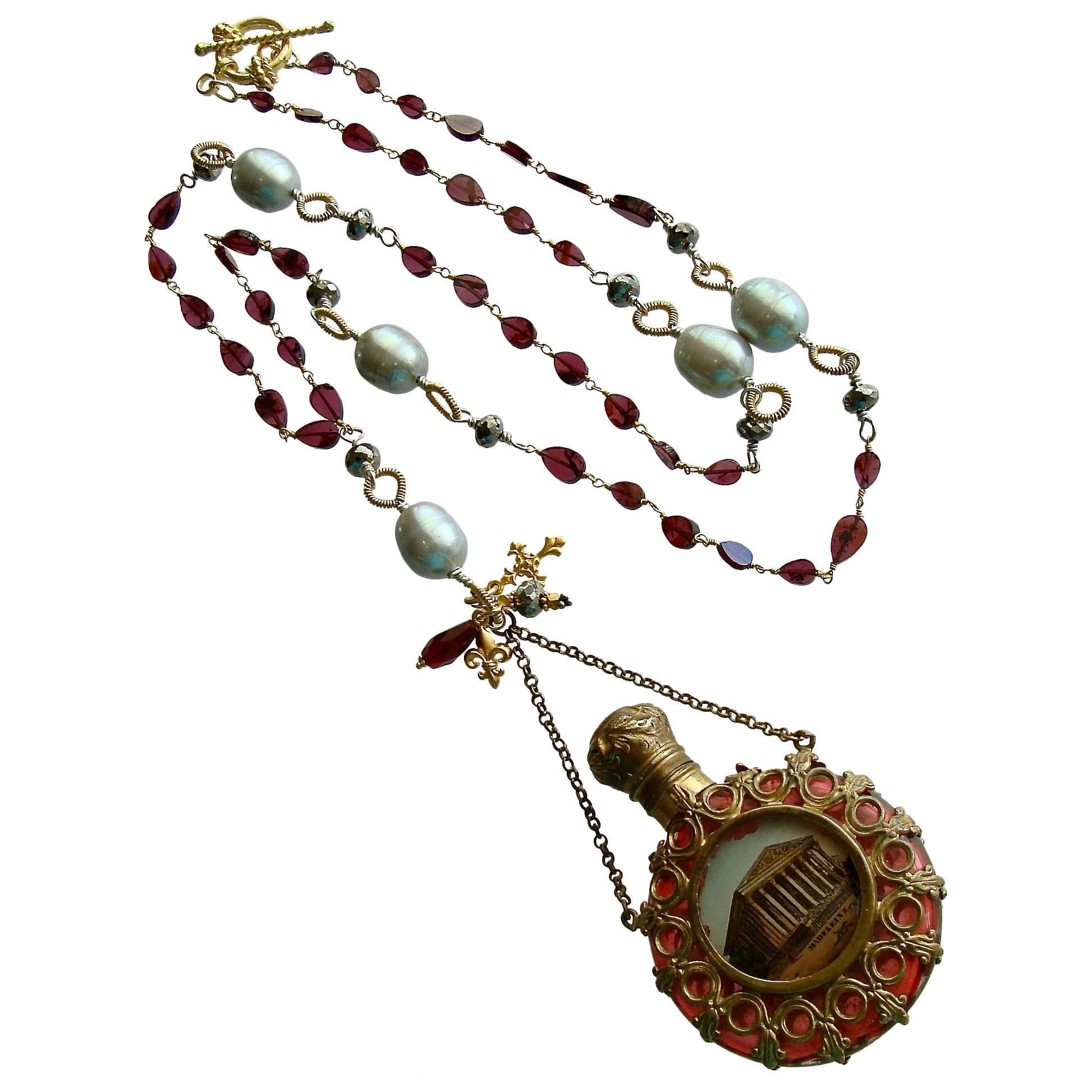 Garnet Pyrite Baroque Gray Pearls Parisian Cranberry Glass Chatelaine Bottle Nec