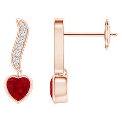 Pendants d'oreilles en or rose 14 carats avec rubis et diamants en forme de cœur naturel de 0,68 carat