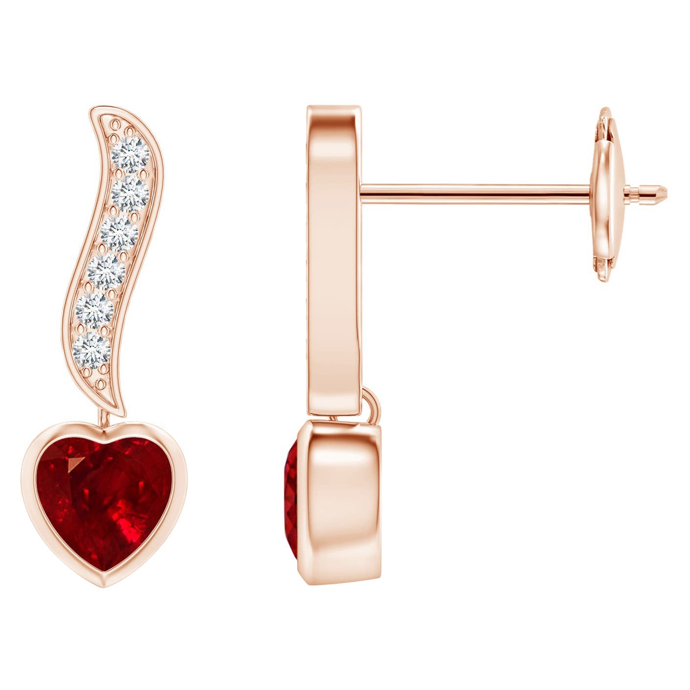Natural Heart-Shaped 0.68ct Ruby and Diamond Drop Earrings in 14K Rose Gold For Sale