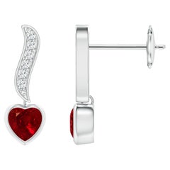 Natural Heart-Shaped 0.60ct Ruby and Diamond Drop Earrings in 14K White Gold