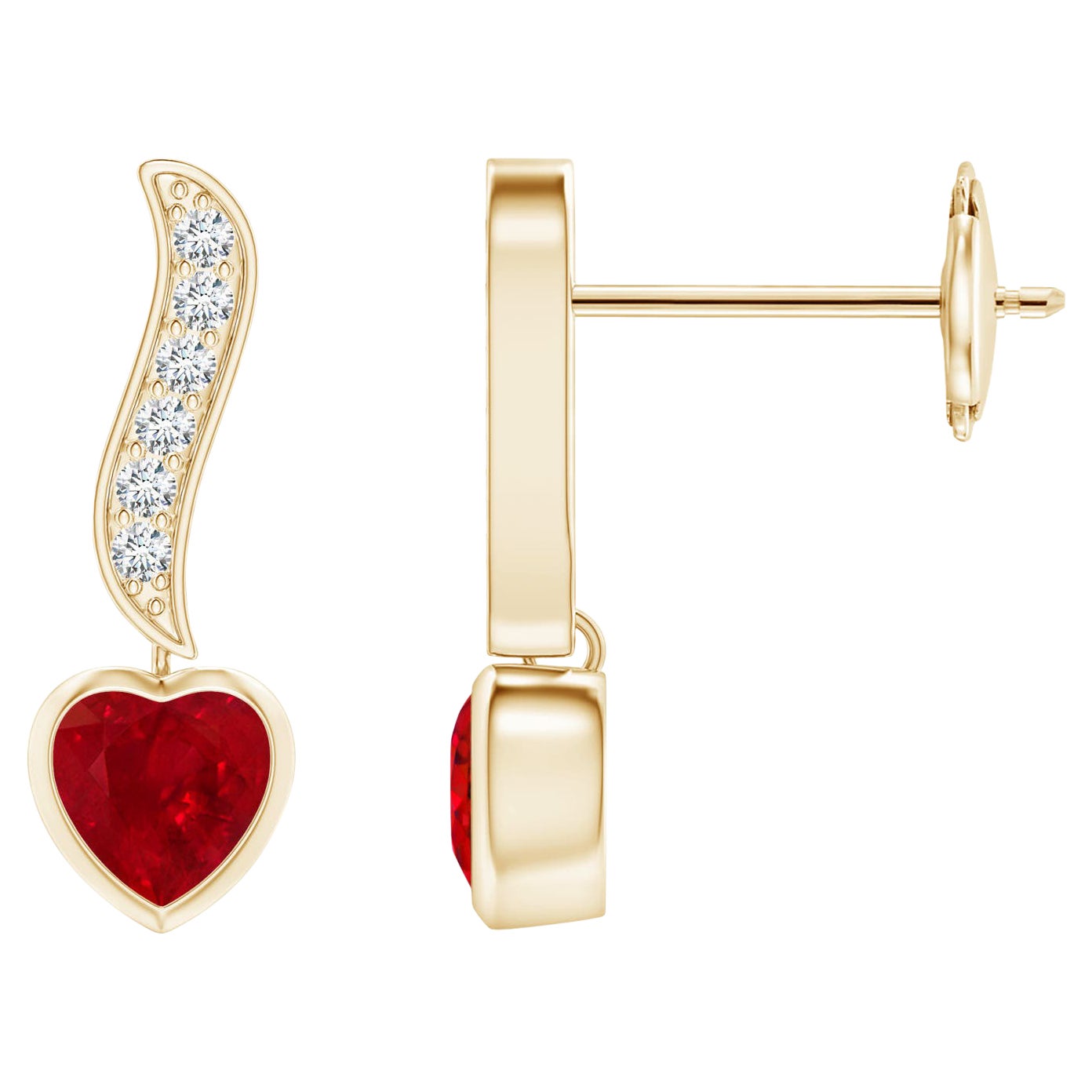 Natural Heart-Shaped 0.60ct Ruby and Diamond Drop Earrings in 14K Yellow Gold For Sale