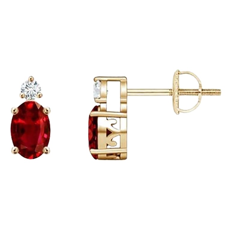ANGARA Natural Oval 0.50ct Ruby Stud Earrings with Diamond in 14K Yellow Gold For Sale