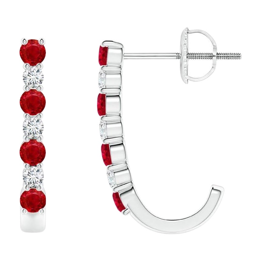 ANGARA Natural 0.40ct Ruby and Diamond J-Hoop Earrings in Platinum