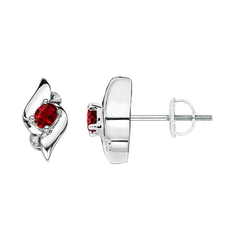 Natural Oval Ruby and Diamond Shell Stud Earrings in Platinum (4x3mm) For Sale
