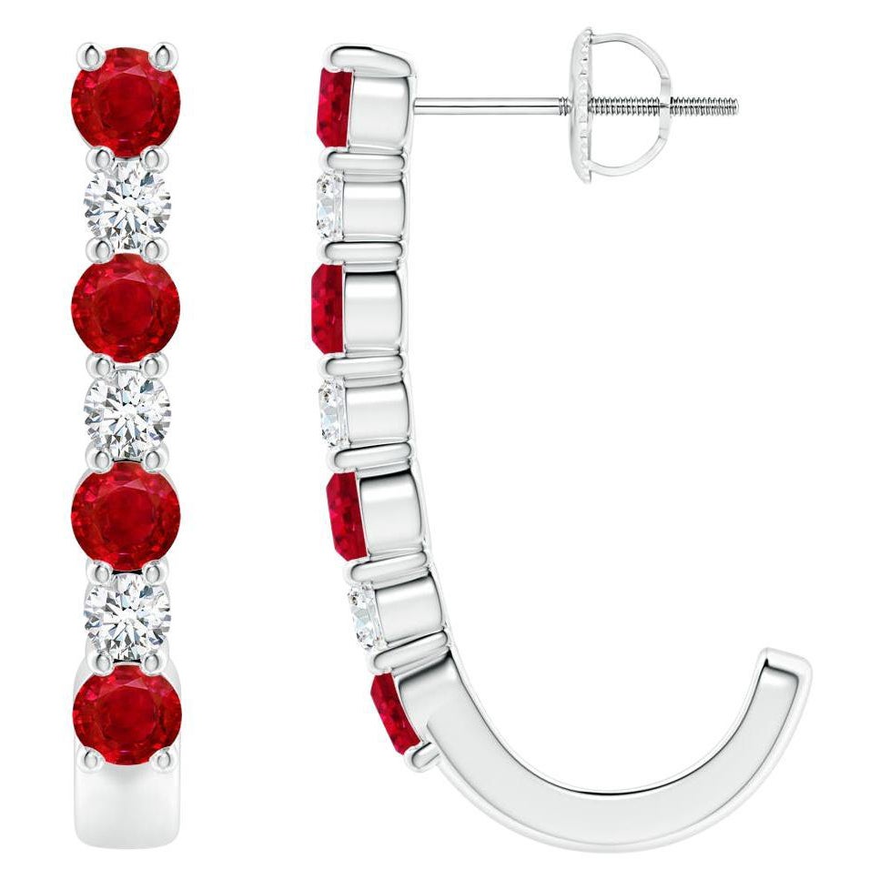 ANGARA Natural 1.20ct Ruby and Diamond J-Hoop Earrings in Platinum