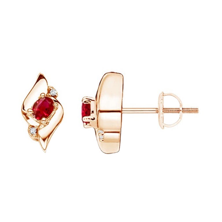 Natural Oval Ruby and Diamond Shell Stud Earrings in 14K Rose Gold (4x3mm) For Sale