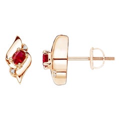 Boucles d'oreilles en or rose 14K avec rubis ovale naturel et diamants (4x3mm)