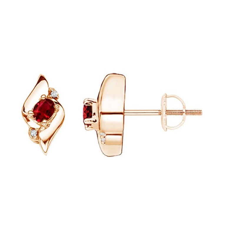 Natural Oval Ruby and Diamond Shell Stud Earrings in 14K Rose Gold (4x3mm) For Sale