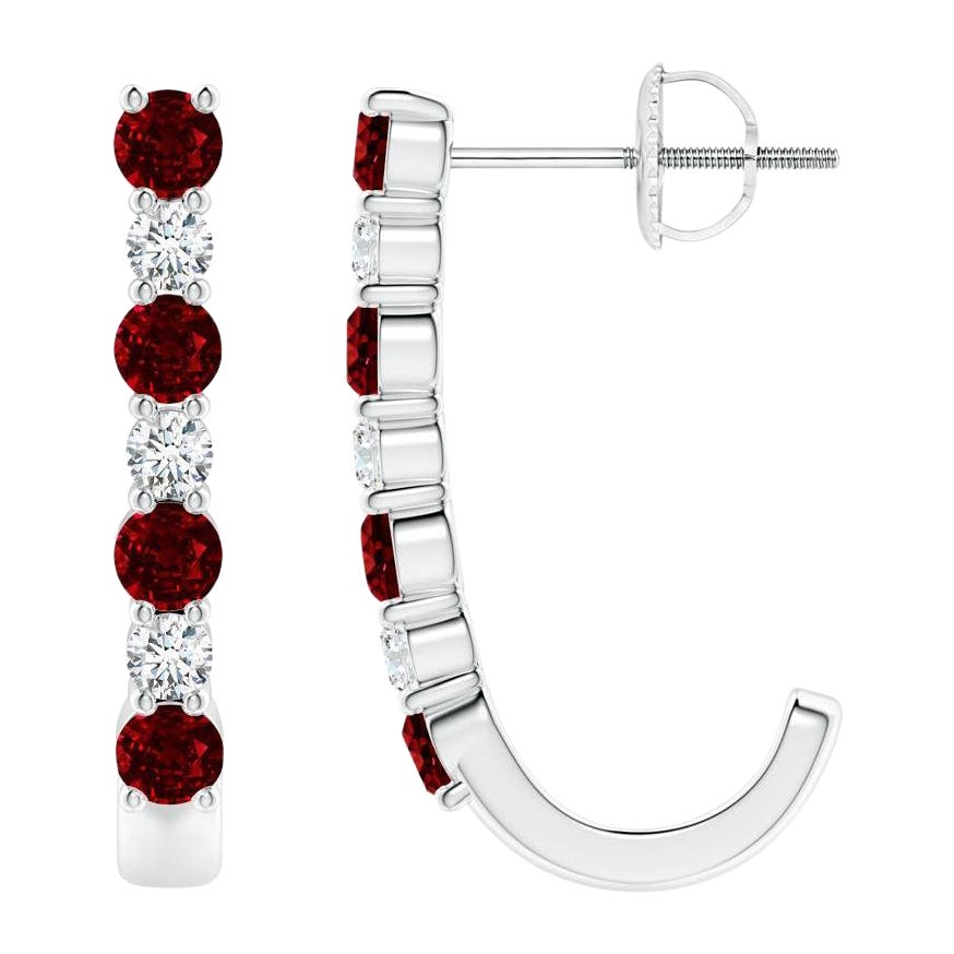 ANGARA Natural 0.72ct Ruby and Diamond J-Hoop Earrings in Platinum For Sale