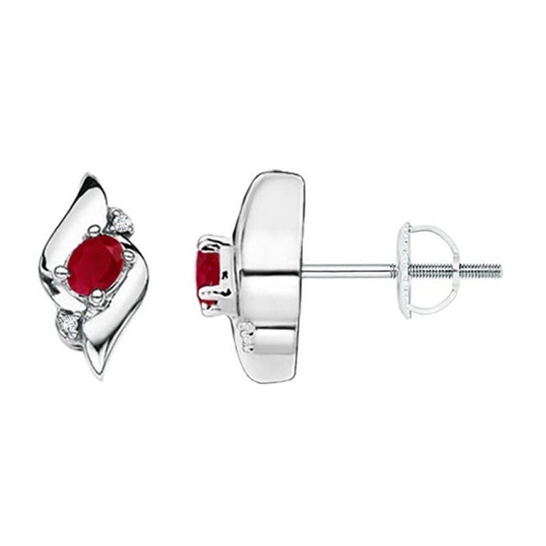 Natural Oval Ruby and Diamond Shell Stud Earrings in 14K White Gold (4x3mm) For Sale