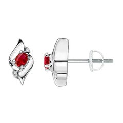 Natural Oval Ruby and Diamond Shell Stud Earrings in 14K White Gold (4x3mm)