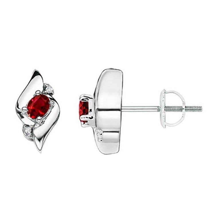 Natural Oval Ruby and Diamond Shell Stud Earrings in 14K White Gold (4x3mm) For Sale