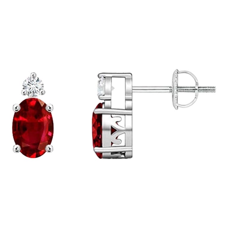 ANGARA Natural Oval 1.20ct Ruby Stud Earrings with Diamond in Platinum