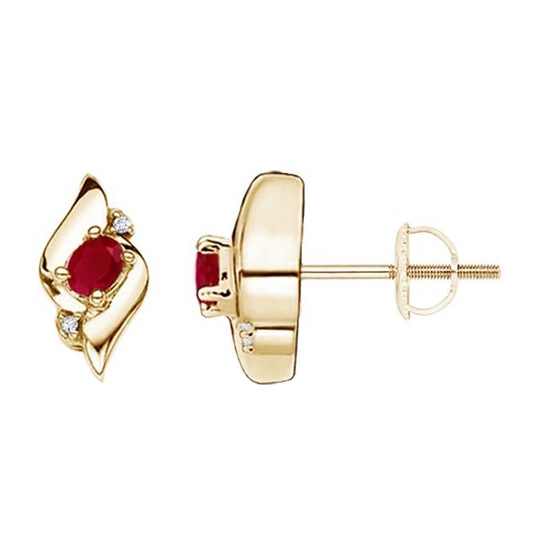 Natural Oval Ruby and Diamond Shell Stud Earrings in 14K Yellow Gold (4x3mm) For Sale