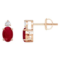 ANGARA Natural Oval 0.50ct Ruby Stud Earrings with Diamond in 14K Rose Gold