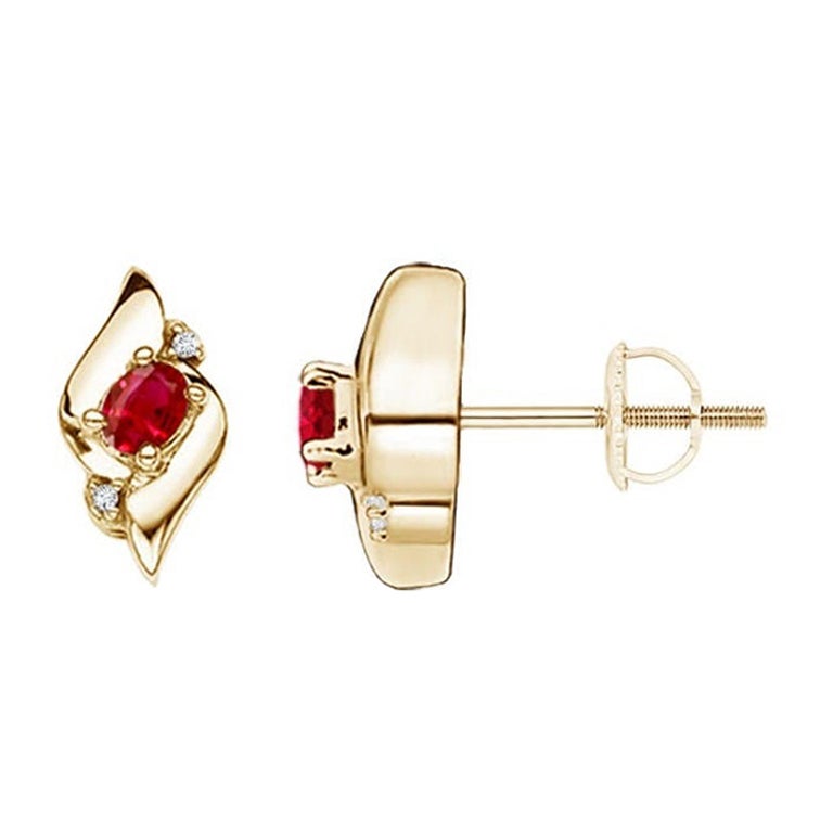 Natural Oval Ruby and Diamond Shell Stud Earrings in 14K Yellow Gold (4x3mm) For Sale