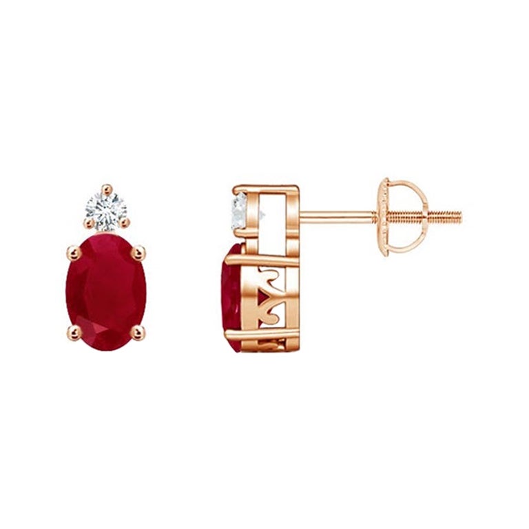 ANGARA Natural Oval 1.20ct Ruby Stud Earrings with Diamond in 14K Rose Gold For Sale