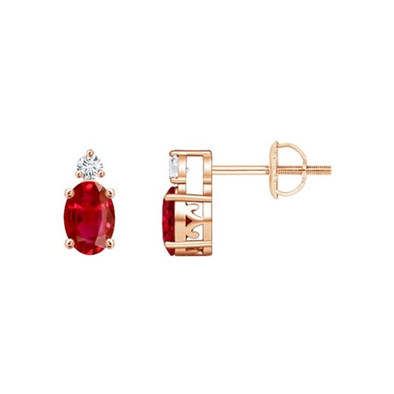 ANGARA Natural Oval 0.50ct Ruby Stud Earrings with Diamond in 14K Rose Gold