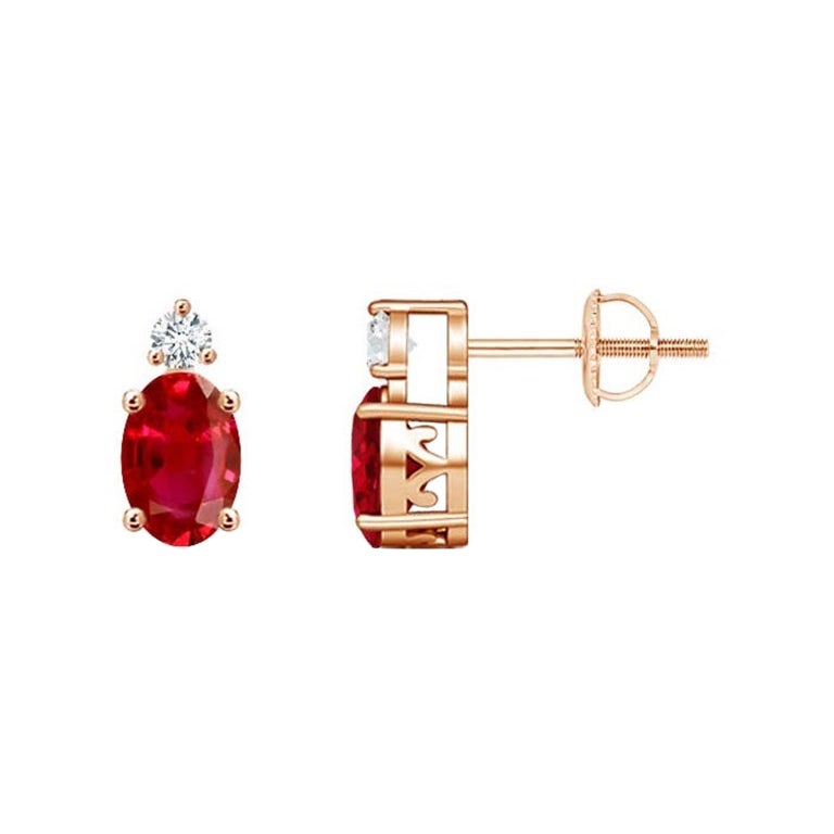 ANGARA Natural Oval 1.20ct Ruby Stud Earrings with Diamond in 14K Rose Gold